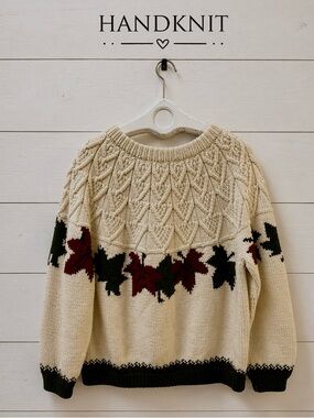 HANDMADE Cream Leaf Pattern Knit Sweater L/XL